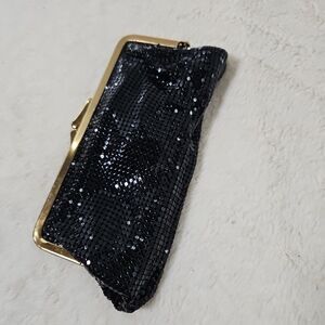 Whiting & Davis Black Mesh Evening Clutch Gold Kiss Lock 7.5”x4” Made In USA EUC